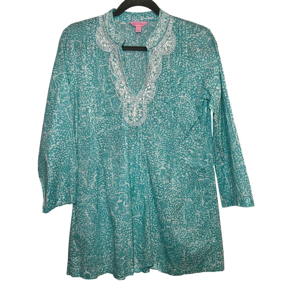 Lilly Pulitzer Sarasota Tunic Size S Blue Ice Cake Teal Beaded Vacation Resort